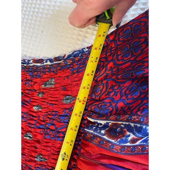 WEVEZ Boho Floral Red Print Smocked Top Spaghetti Strap Silk Midi Sun Dress Med - Picture 5 of 13